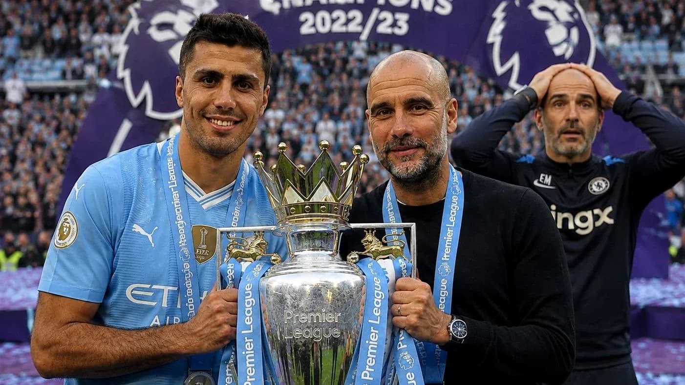 Jugadores de Manchester City celebrando el trofeo de Premier League