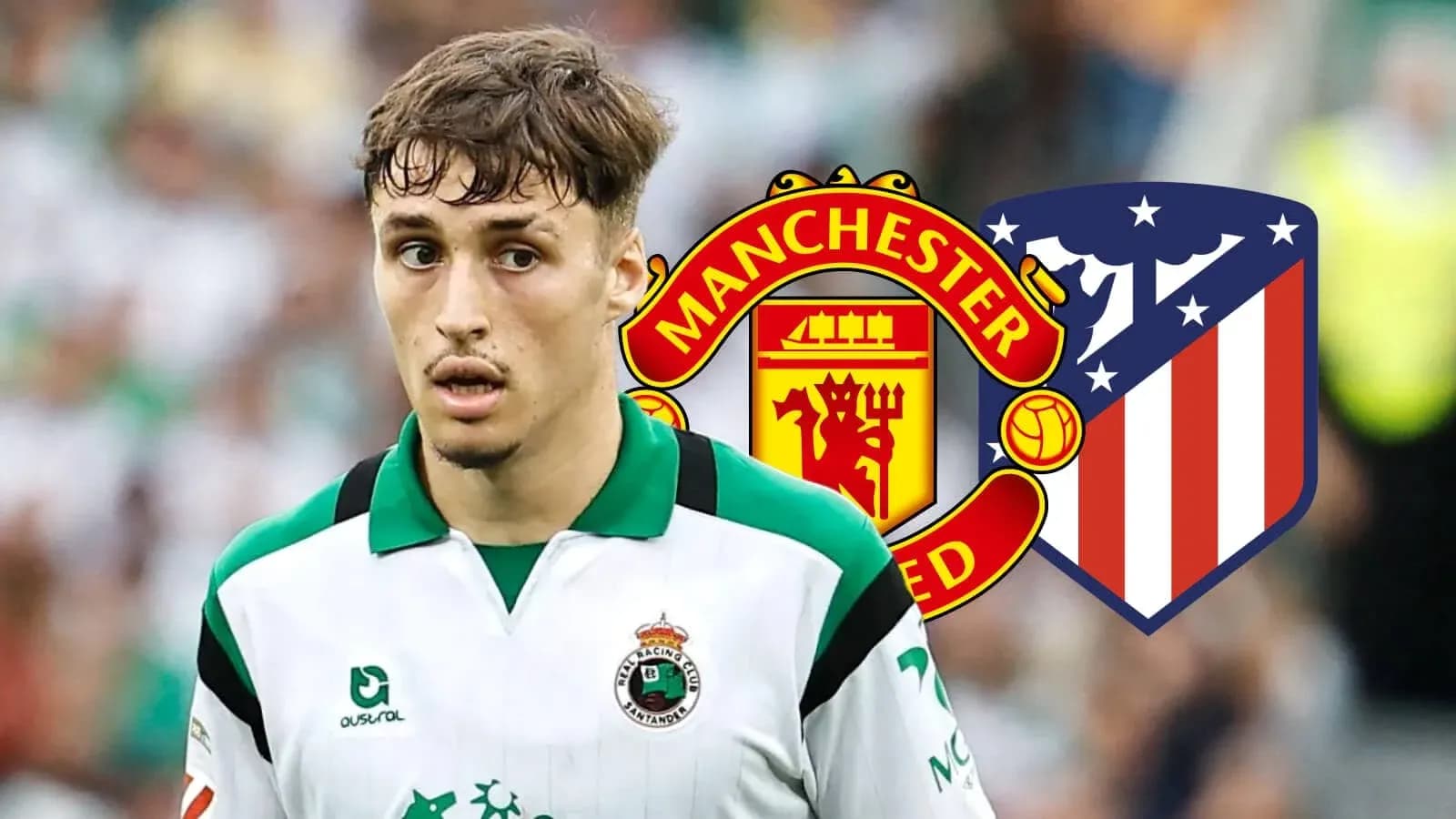 Jugador en uniforme con logos de Manchester United y Atlético