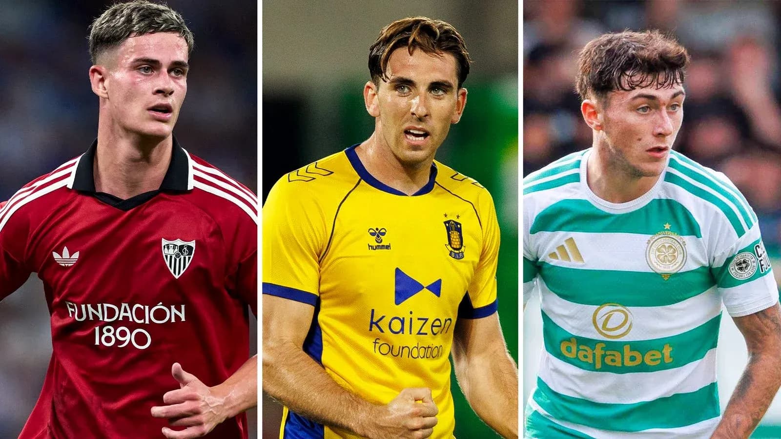 Tres futbolistas en acción con diferentes camisetas