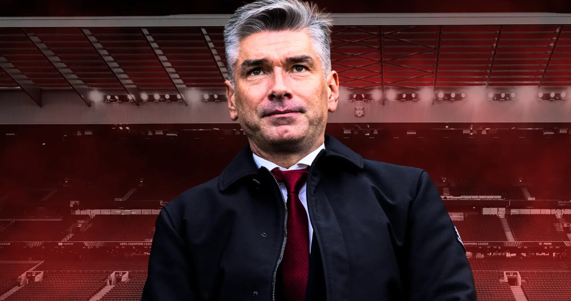 Entrenador posando en el estadio con fondo rojo