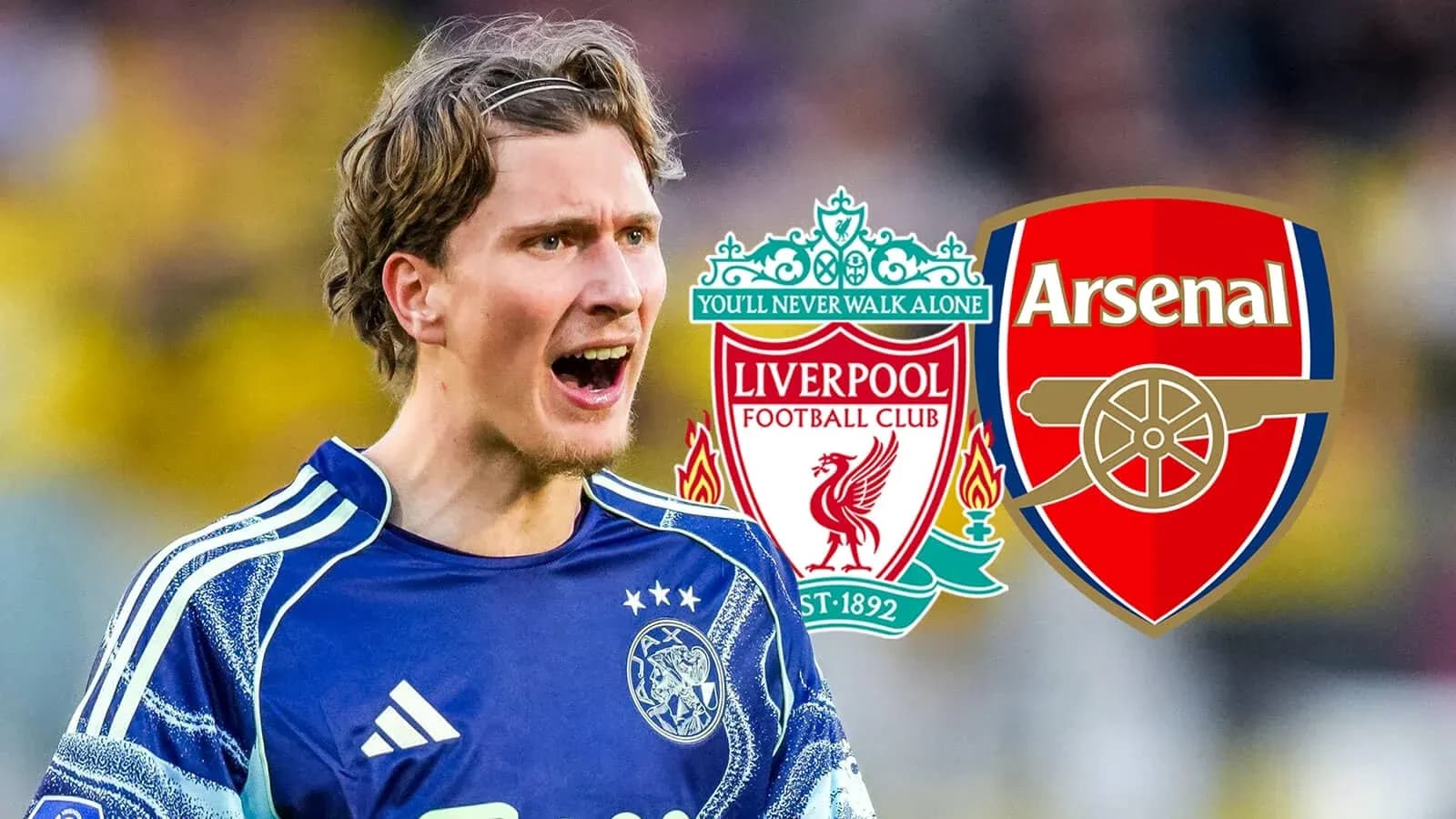 Portero celebrando con escudos de Liverpool y Arsenal