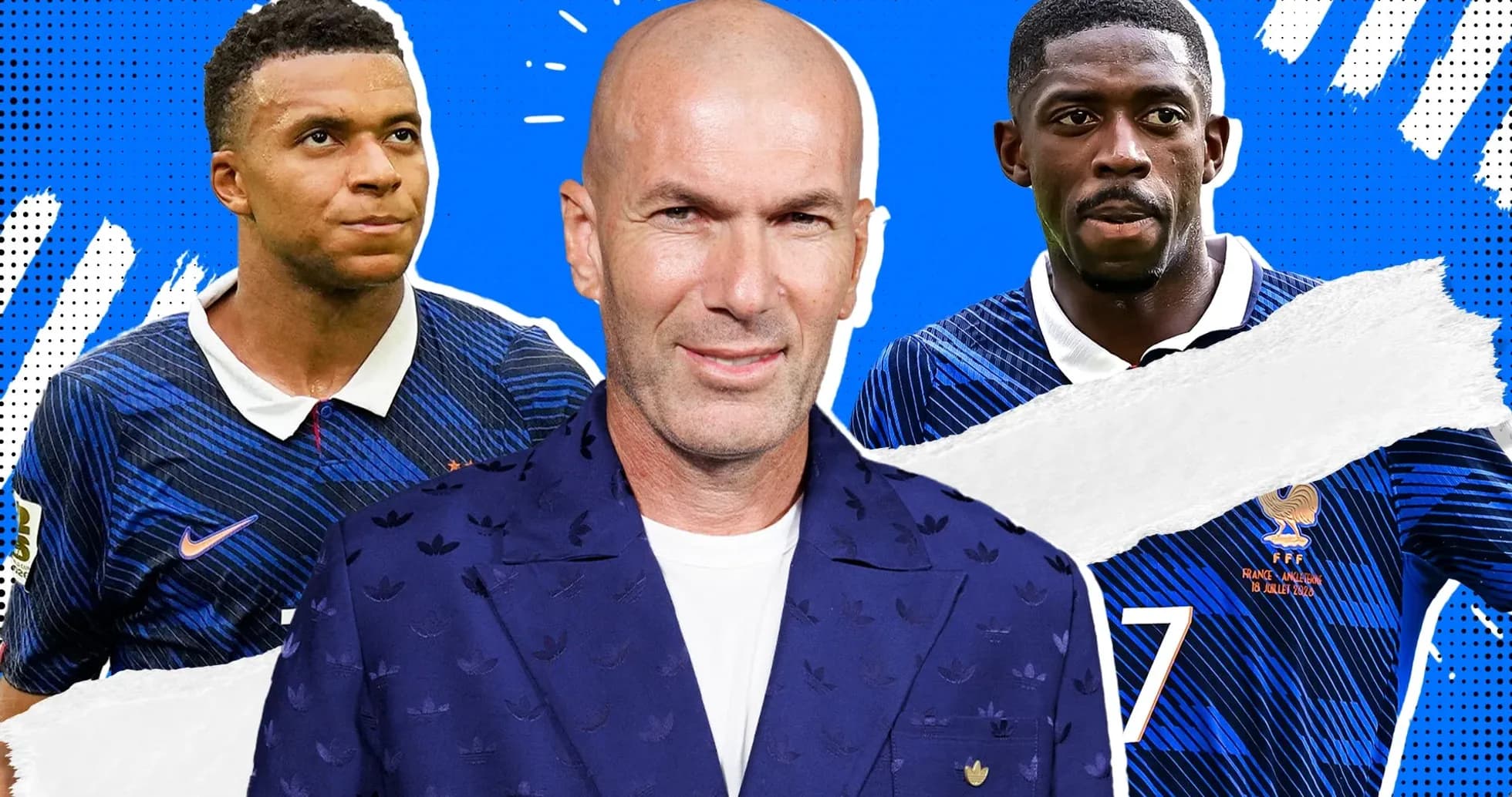 Mbappé y Dembélé junto a Zidane en fondo azul
