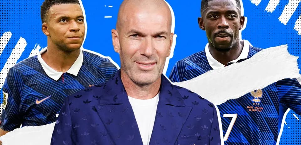 Mbappé y Dembélé junto a Zidane en fondo azul