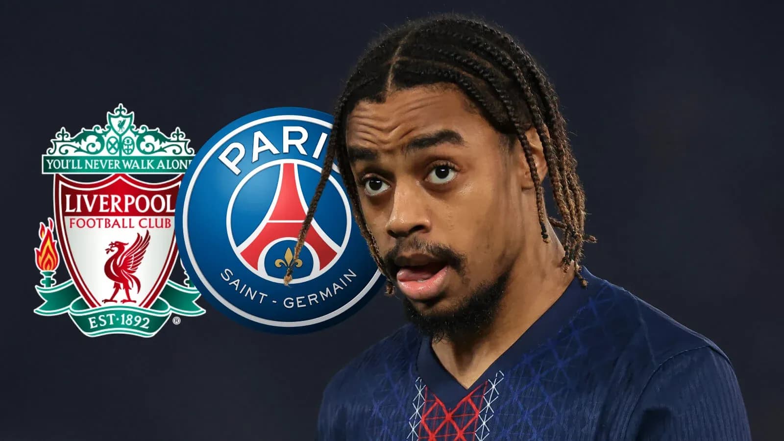 Jugador con camiseta de PSG frente a logos de Liverpool y PSG