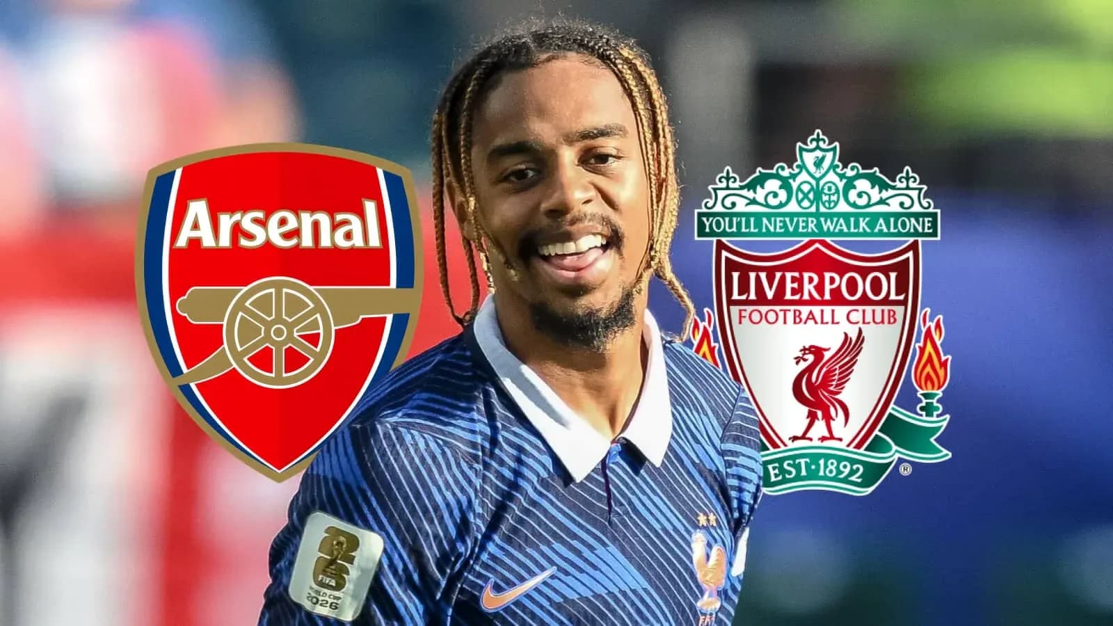 Jugador sonriente con logos de Arsenal y Liverpool