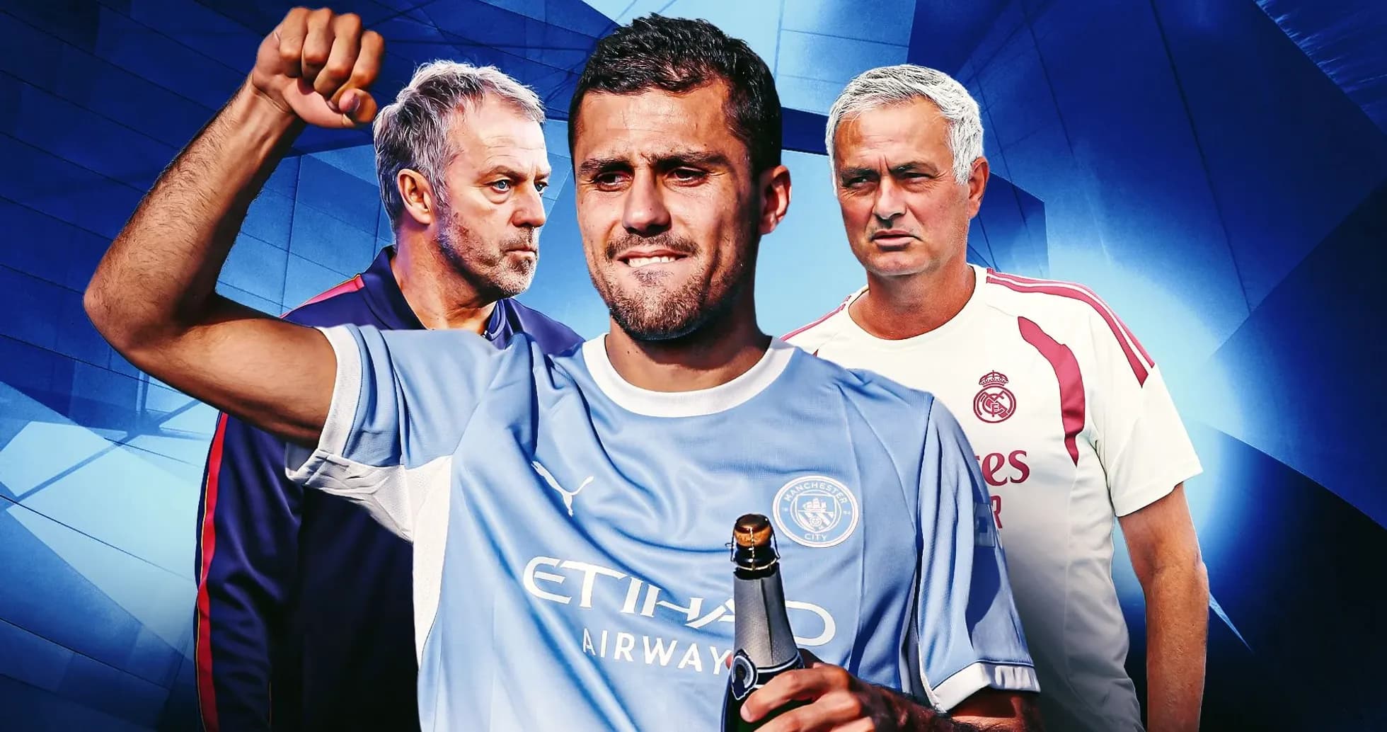 Jugador de Manchester City con botella y entrenadores detrás
