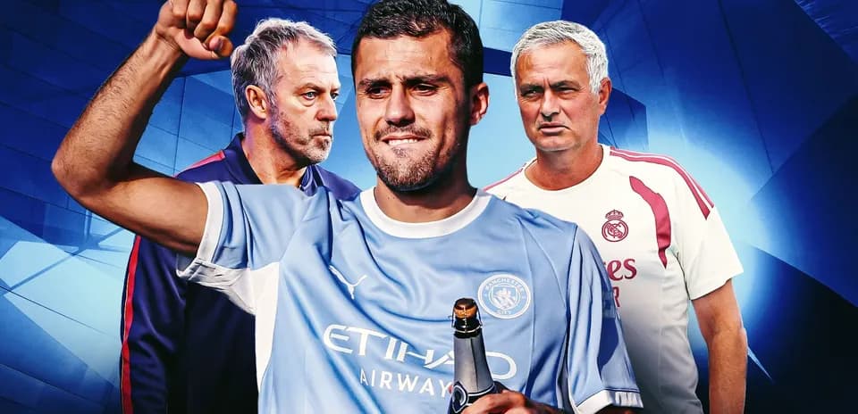 Jugador de Manchester City con botella y entrenadores detrás