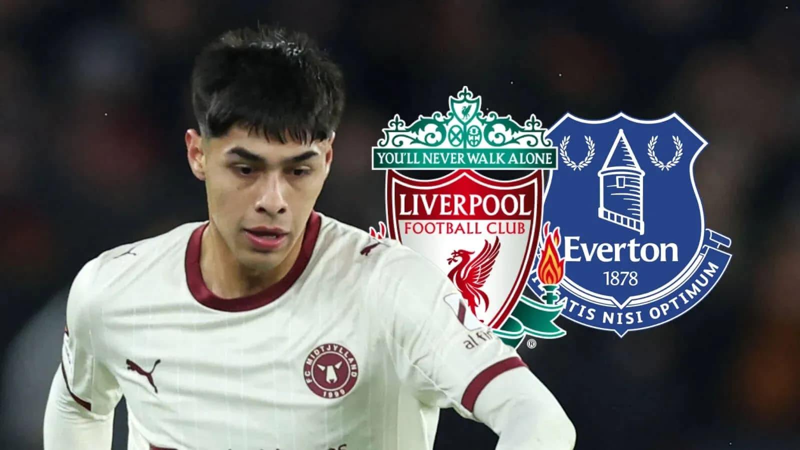 Jugador corriendo con logos de Liverpool y Everton