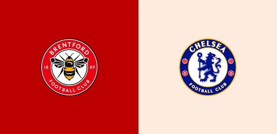 Logos de Brentford y Chelsea FC en fondo dividido
