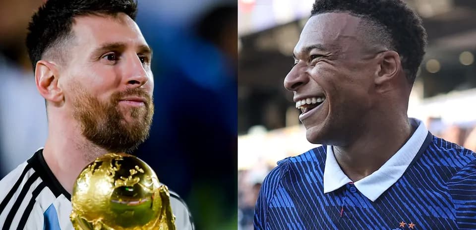 Lionel Messi con el trofeo y Kylian Mbappé sonriendo