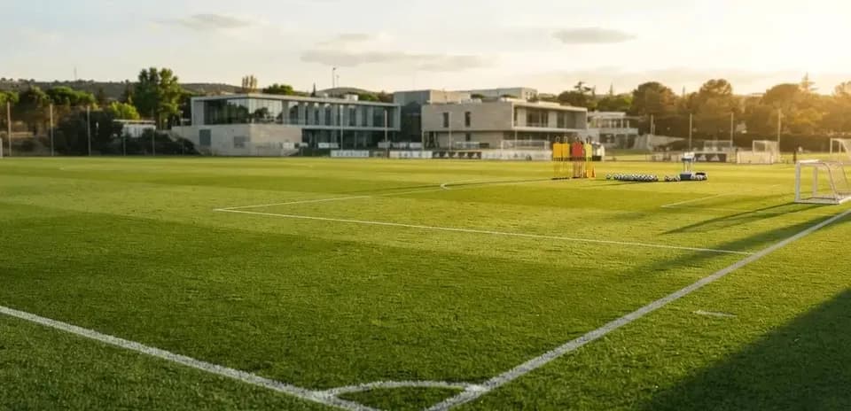 Campo de entrenamiento de fútbol con equipos y balones