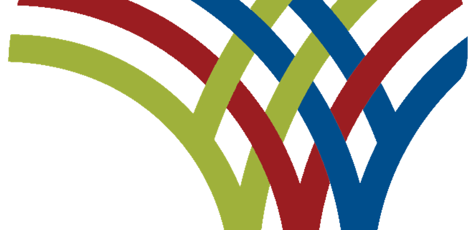 Logo abstracto con líneas en colores verde, azul y rojo