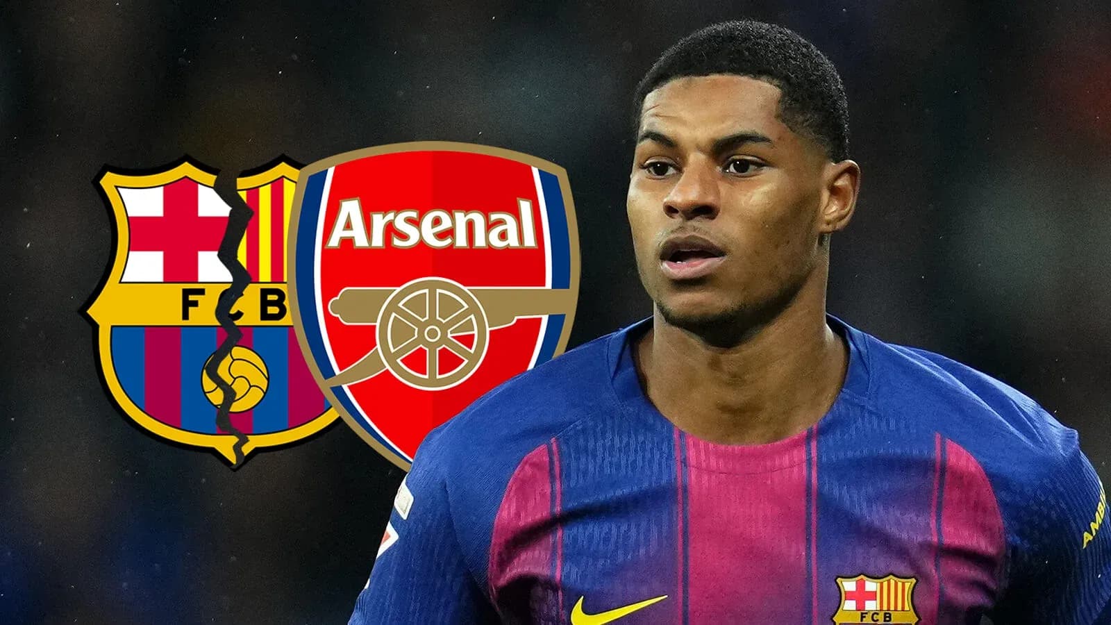 Jugador de Barcelona con logos de Arsenal y Barcelona