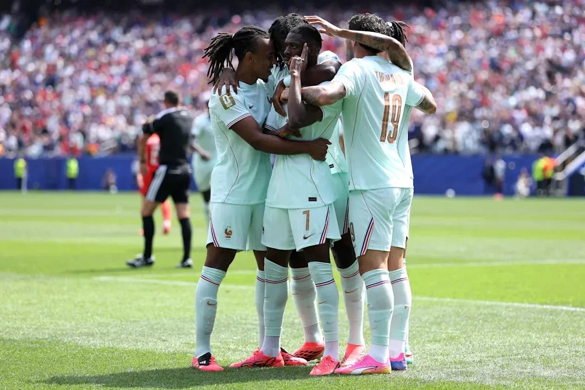 Jugadores de Francia celebrando un gol en el campo