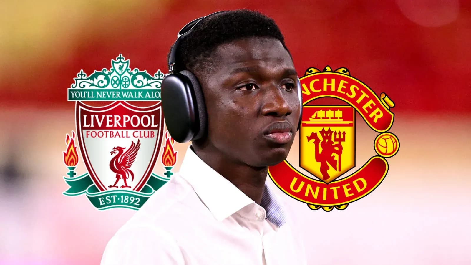 Jugador con auriculares entre logotipos de Liverpool y Manchester United