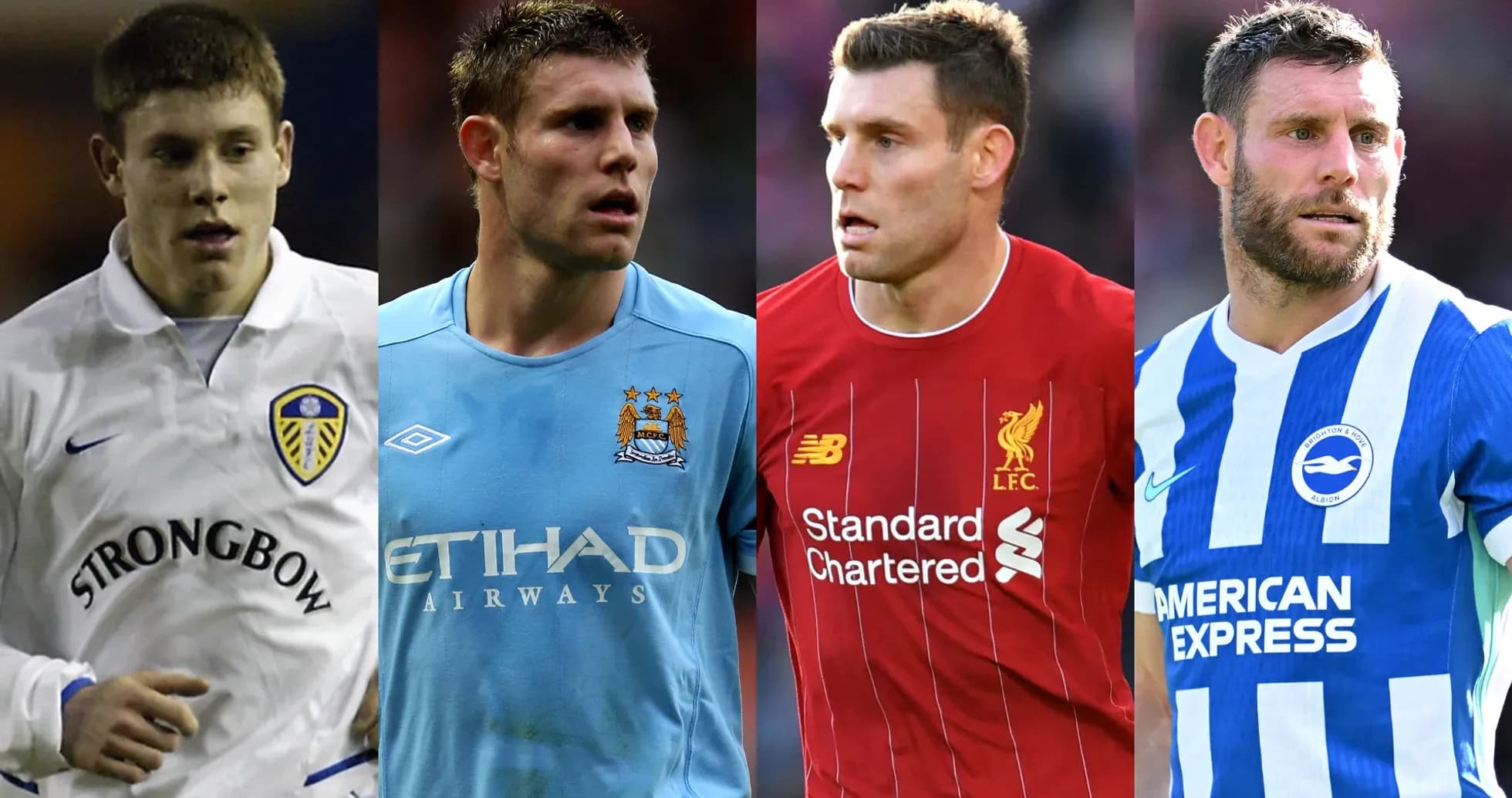 Cuatro jugadores de fútbol en diferentes camisetas de clubes