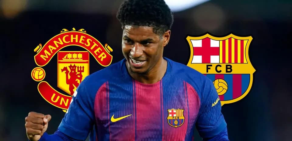Jugador de Barcelona celebrando con logotipos de clubes