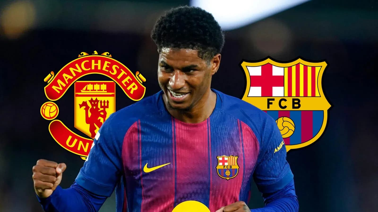 Jugador de Barcelona celebrando con logotipos de clubes