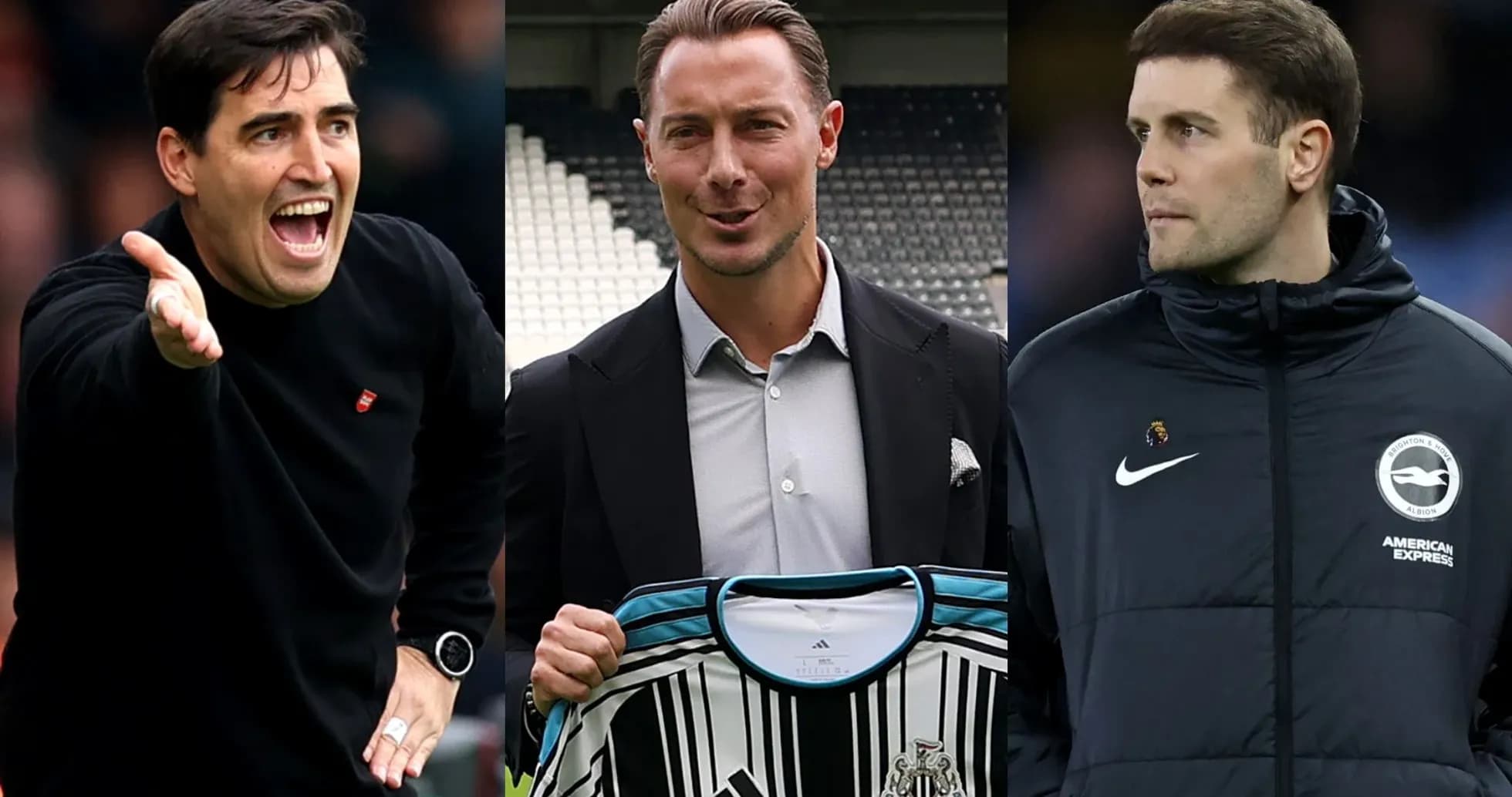 Tres entrenadores posando en diferentes escenarios deportivos