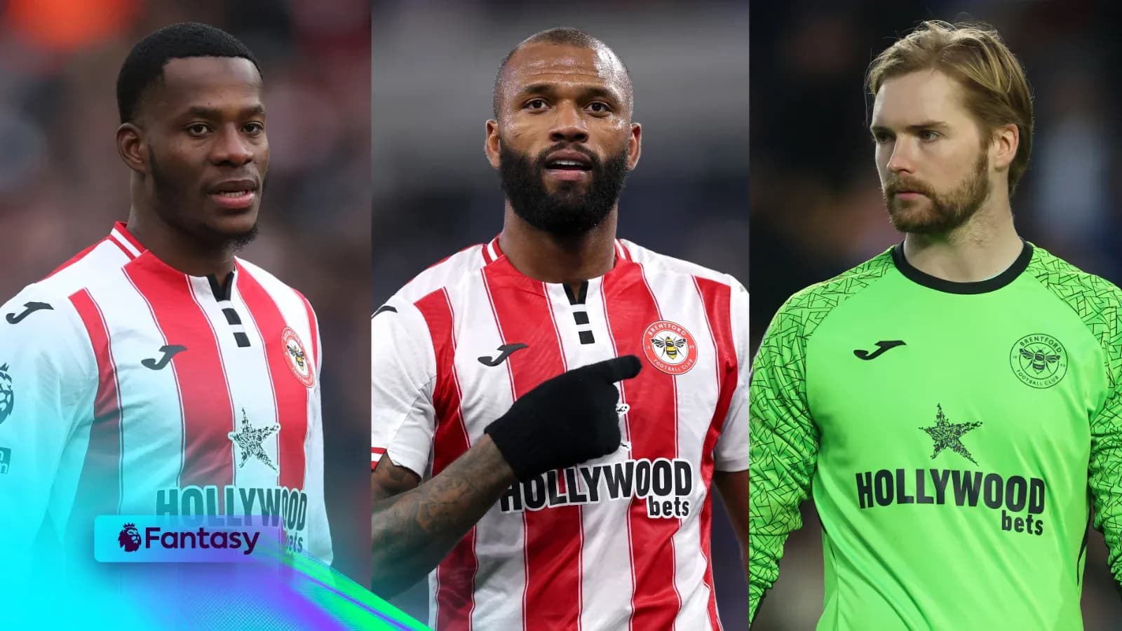 Tres jugadores de Brentford en uniforme durante un partido