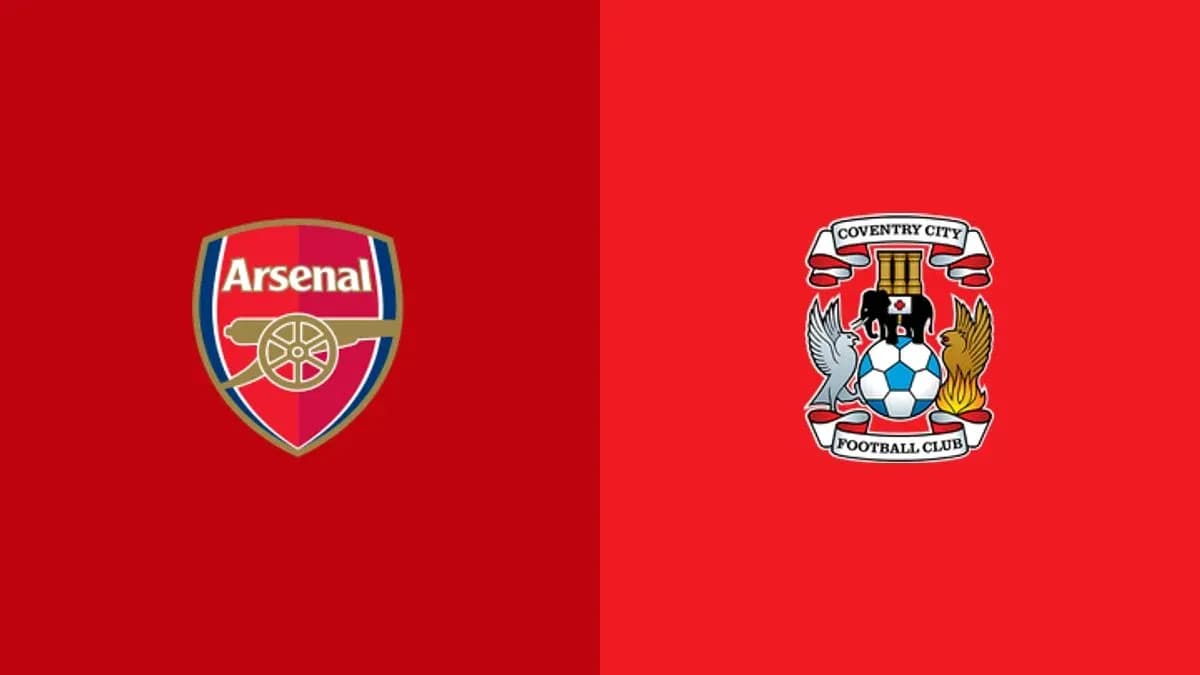 Logos de Arsenal y Coventry City sobre fondo rojo