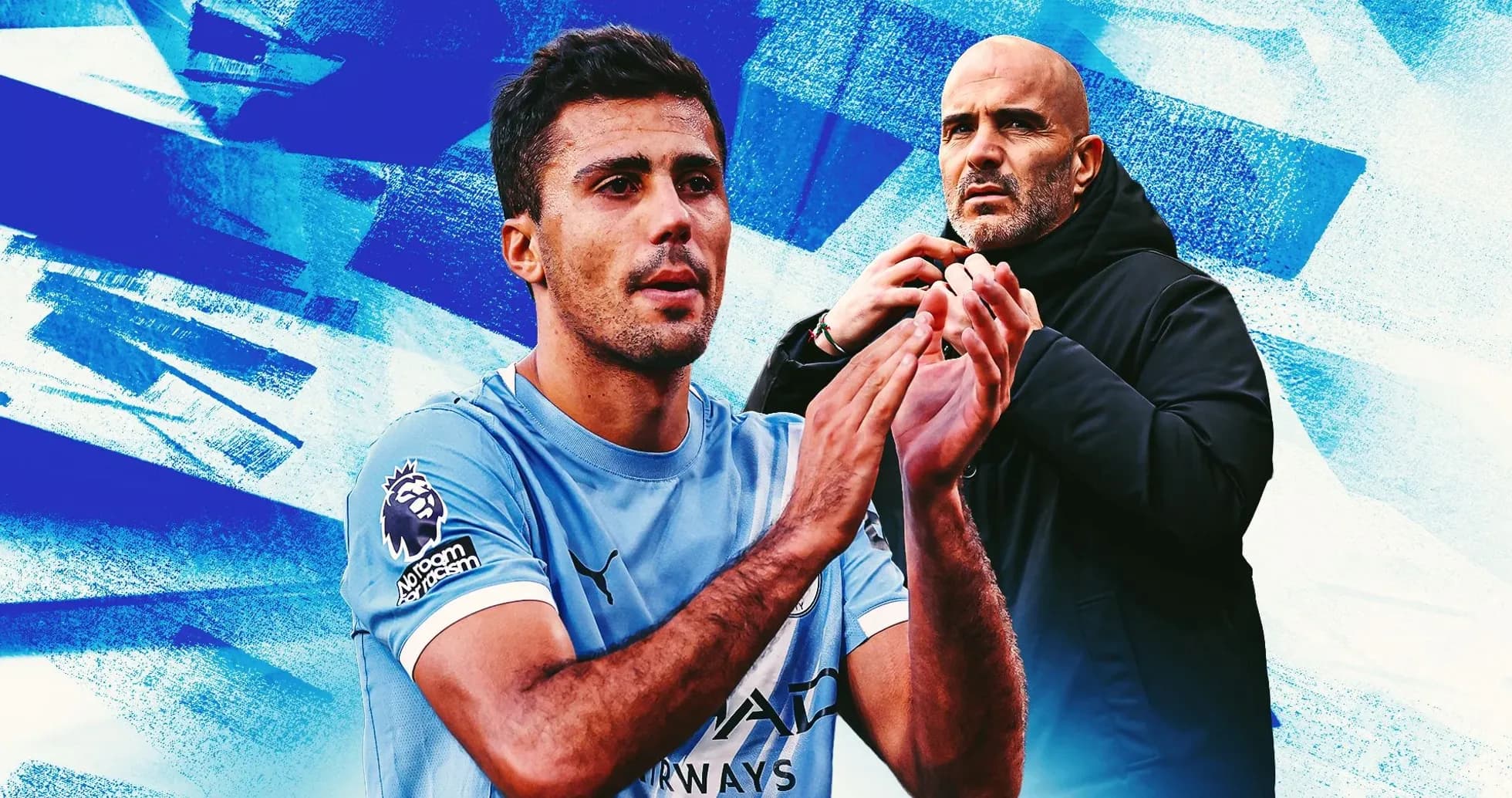 Jugador aplaudiendo con entrenador detrás en fondo azul