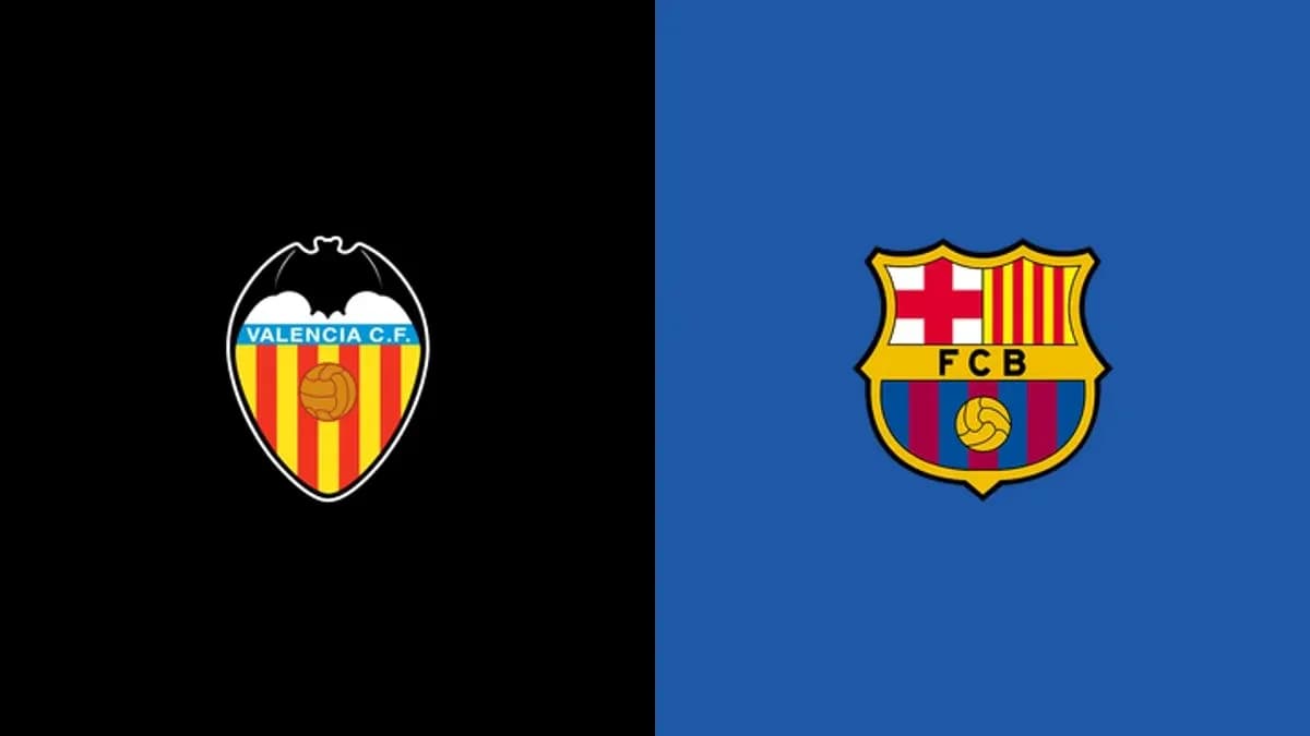 Logos de Valencia CF y FC Barcelona en fondo negro y azul