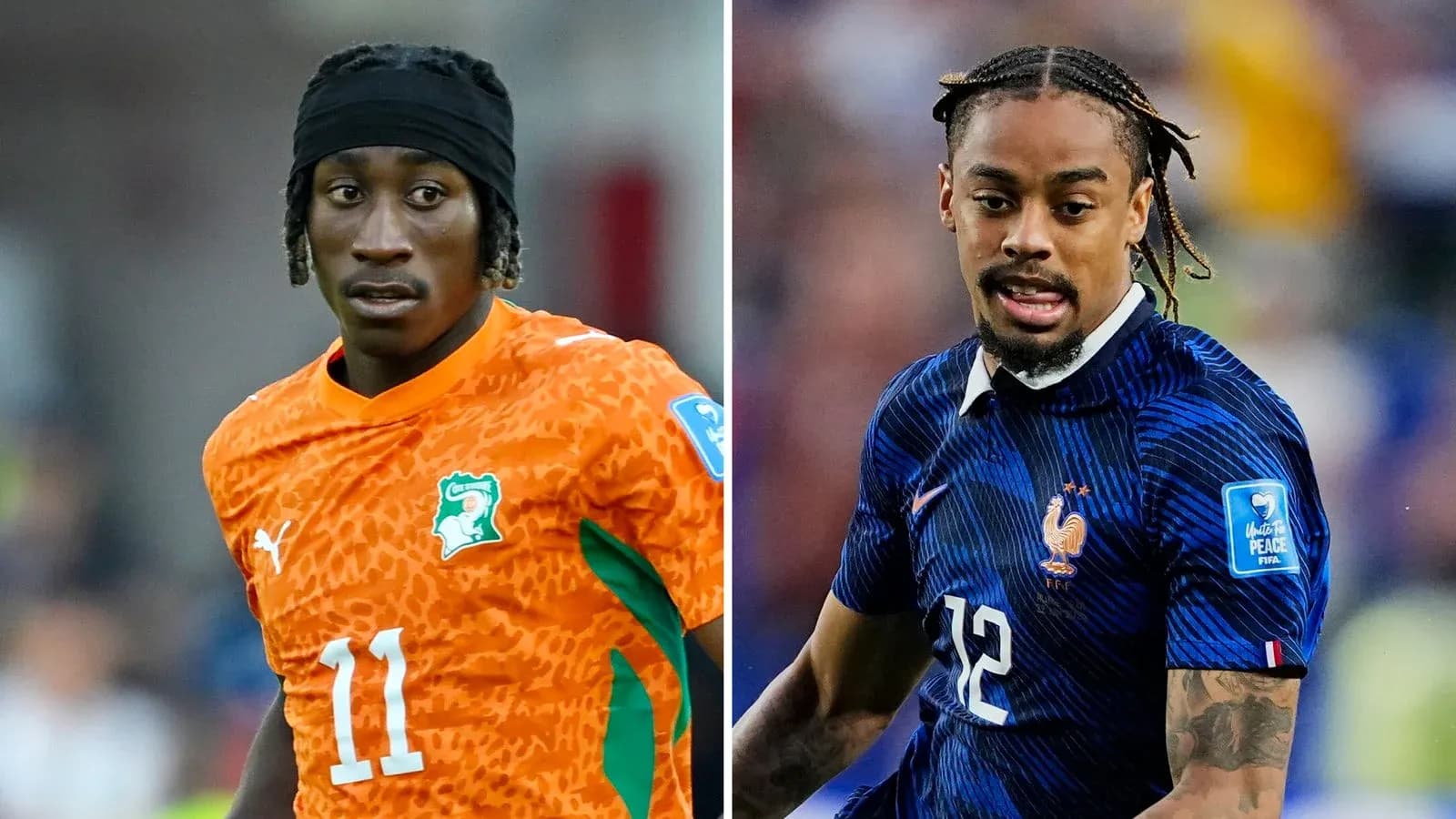 Jugadores de fútbol de Costa de Marfil y Francia en acción