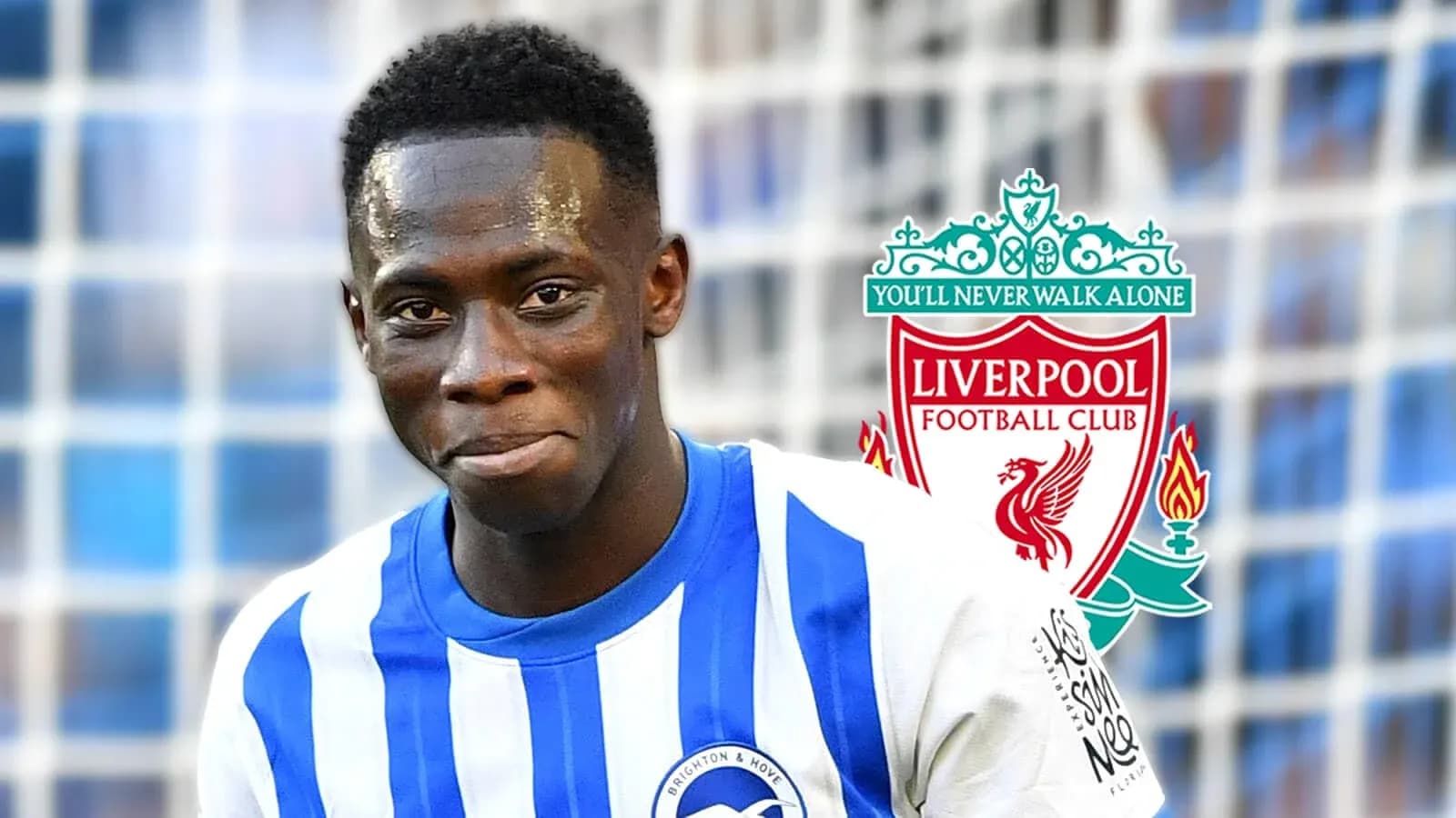 Jugador de Brighton sonriente con escudo de Liverpool