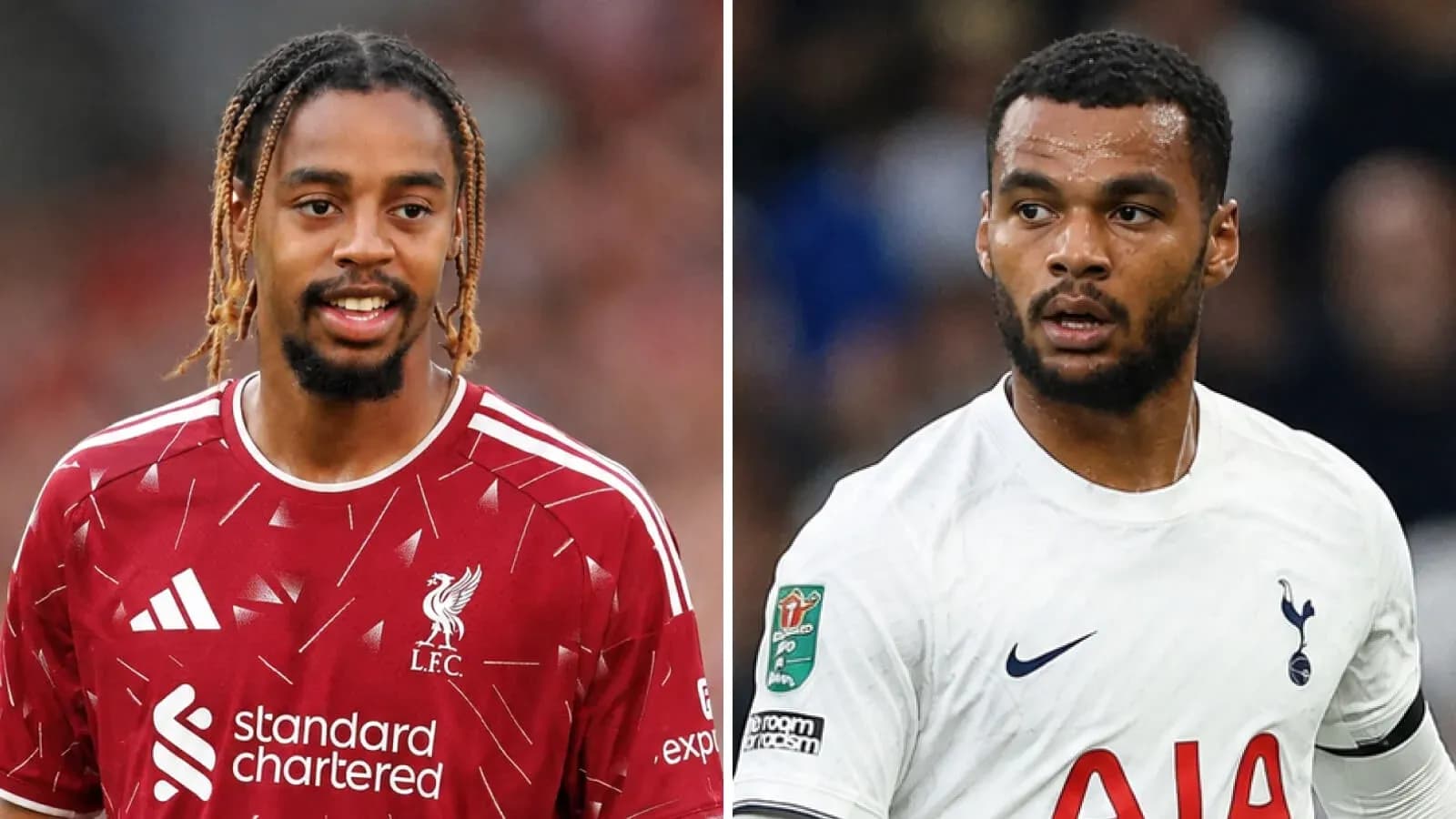 Jugadores de Liverpool y Tottenham en sus camisetas