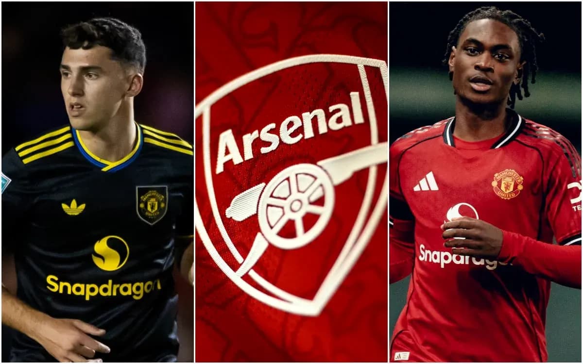 Jugadores de Arsenal y Manchester United con logos Jugadores de Arsenal y Manchester United con logos