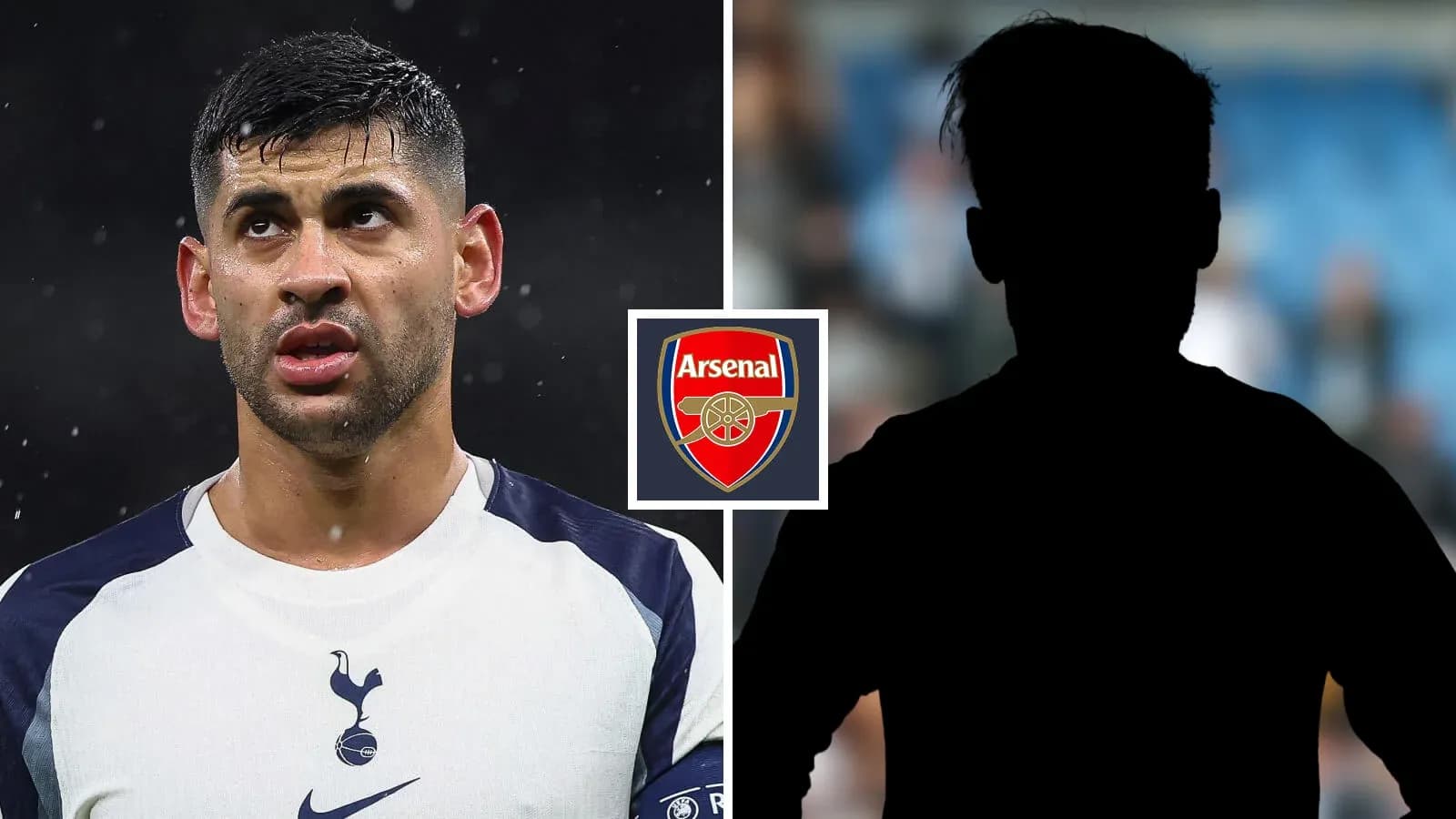 Jugador de Tottenham y silueta con escudo de Arsenal Jugador de Tottenham y silueta con escudo de Arsenal