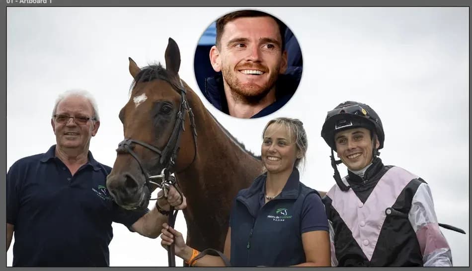 Tres personas y un caballo en el hipódromo Tres personas y un caballo en el hipódromo