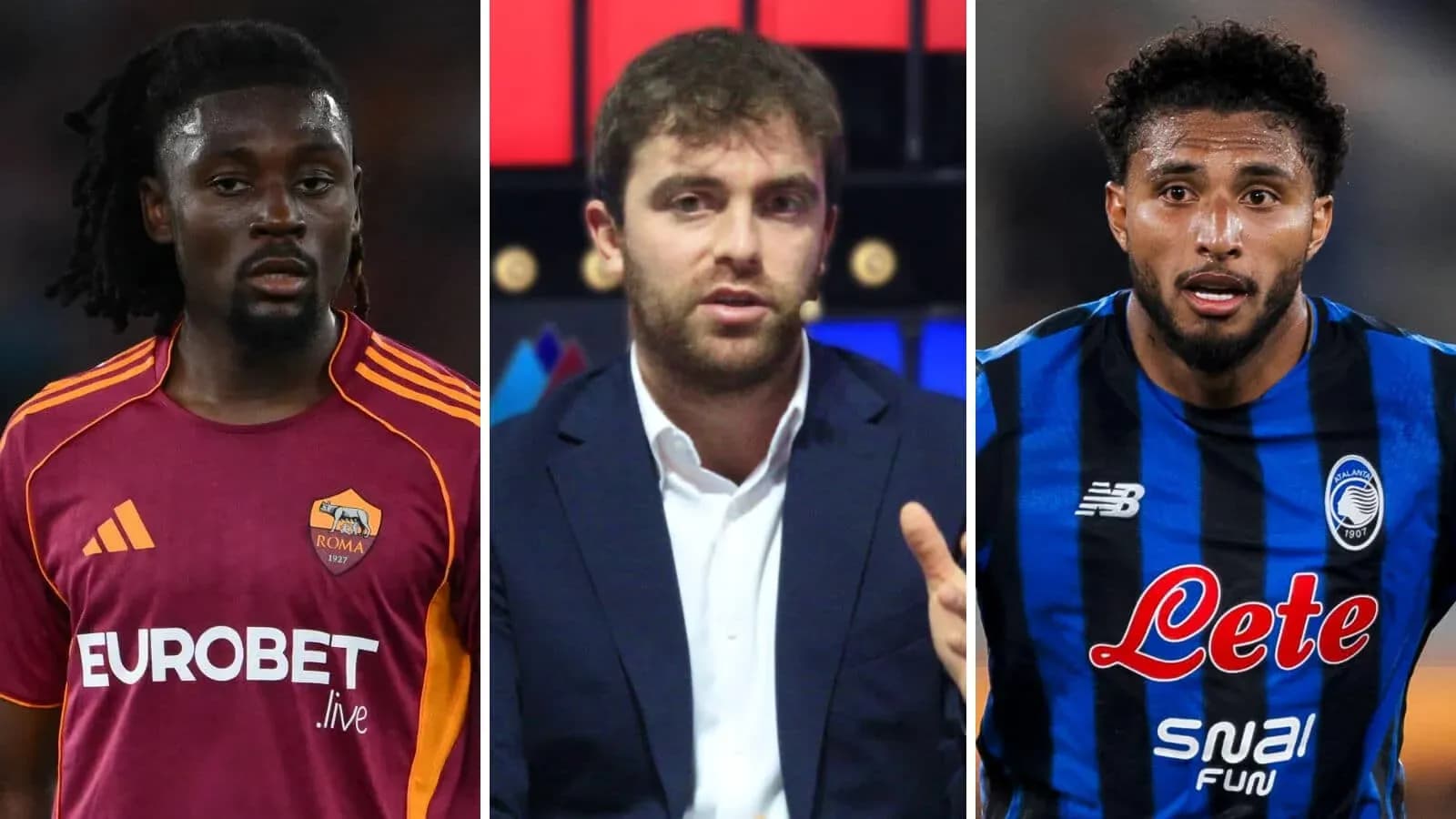 Tres personas, dos futbolistas y un comentarista deportivo Tres personas, dos futbolistas y un comentarista deportivo