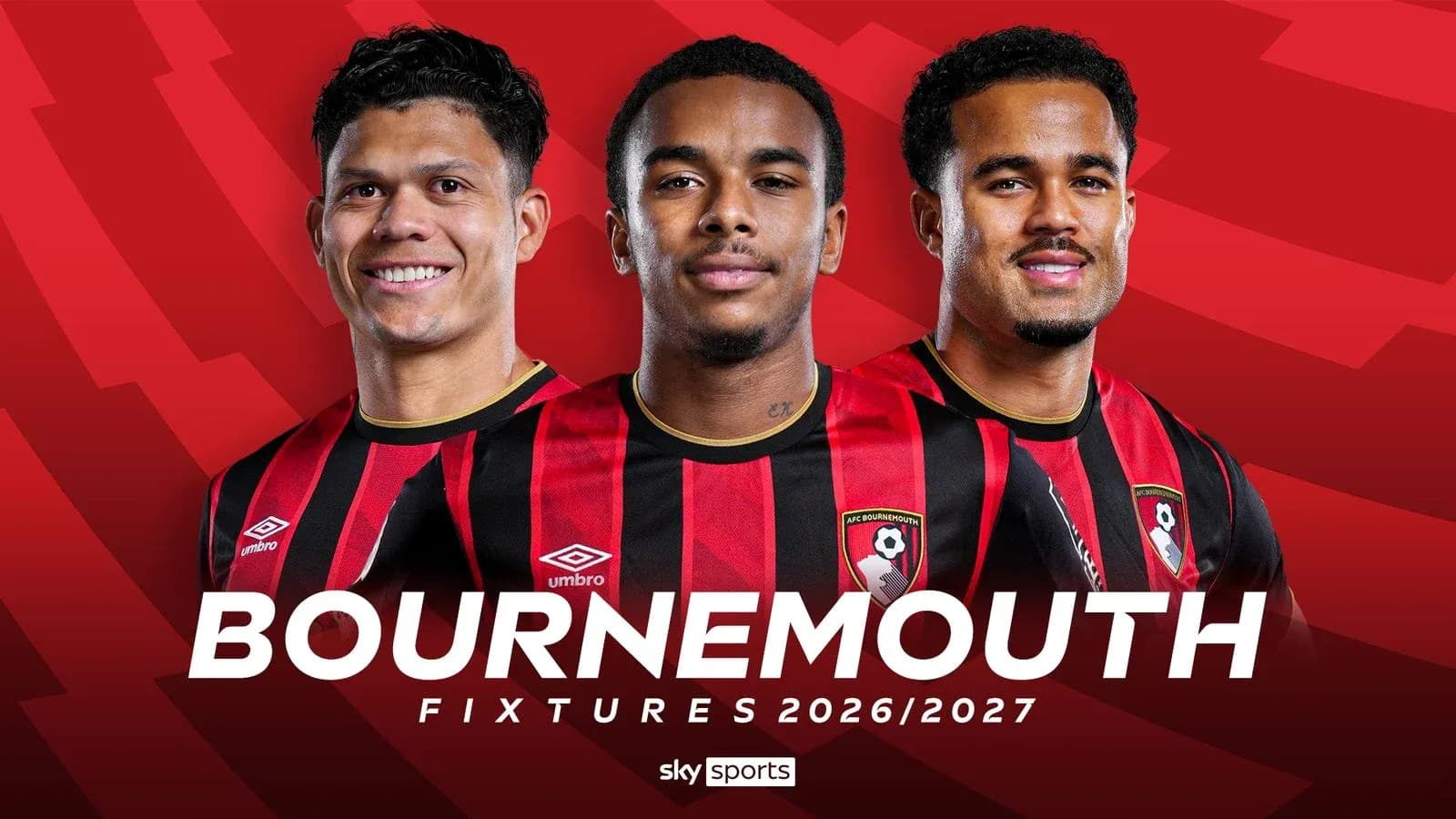 Tres jugadores de Bournemouth con uniforme en fondo rojo Tres jugadores de Bournemouth con uniforme en fondo rojo