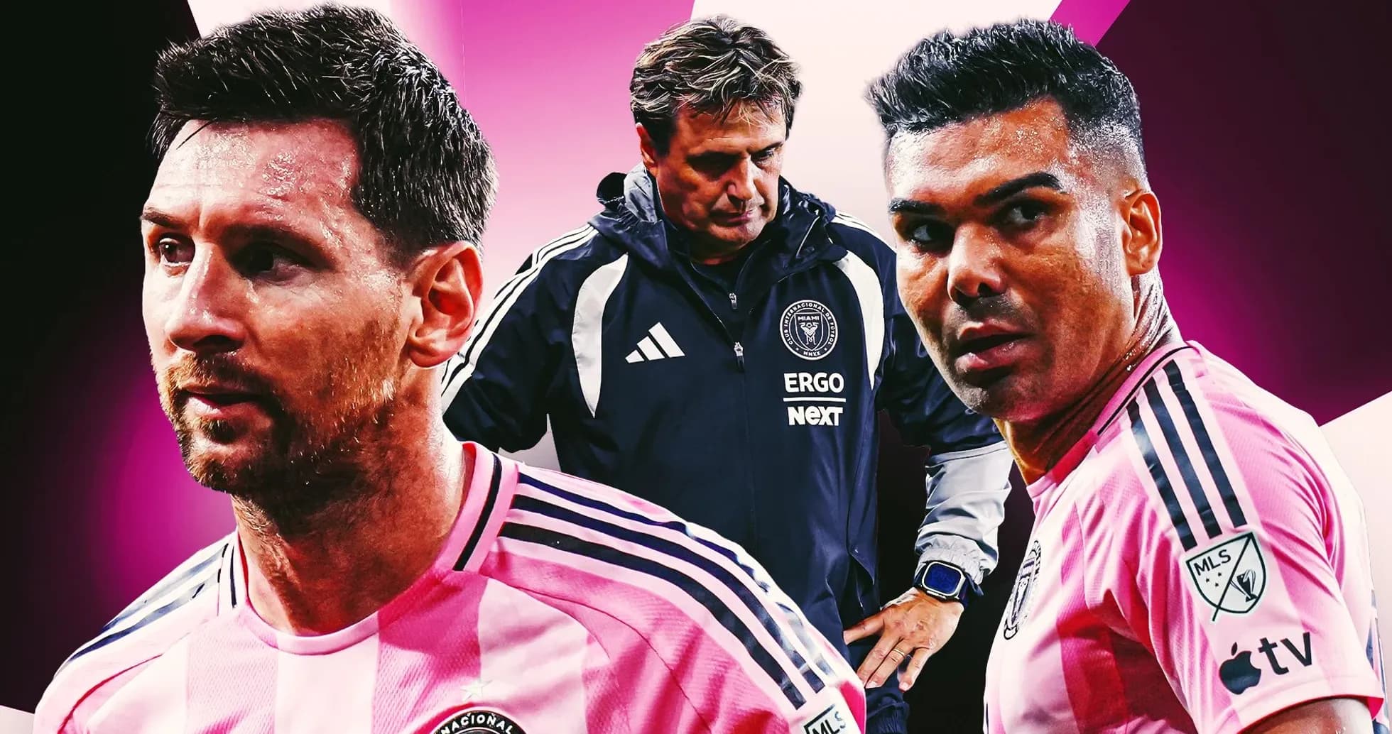 Lionel Messi y Casemiro en primer plano, entrenador detrás Lionel Messi y Casemiro en primer plano, entrenador detrás