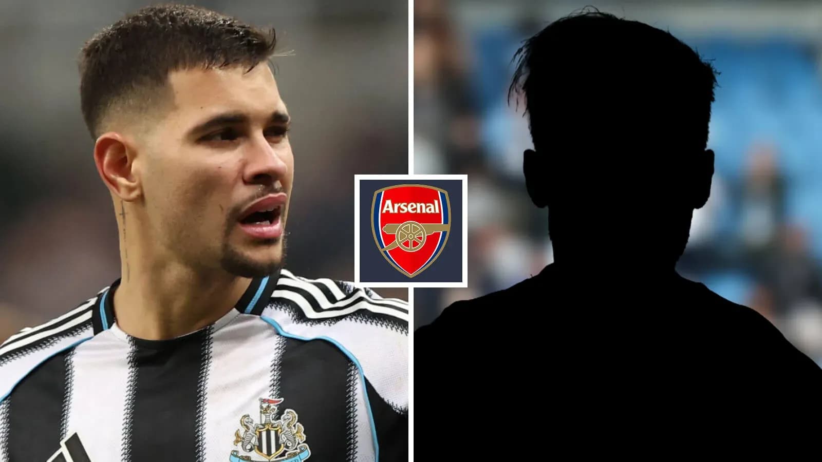 Jugador de Newcastle y silueta con logo de Arsenal Jugador de Newcastle y silueta con logo de Arsenal