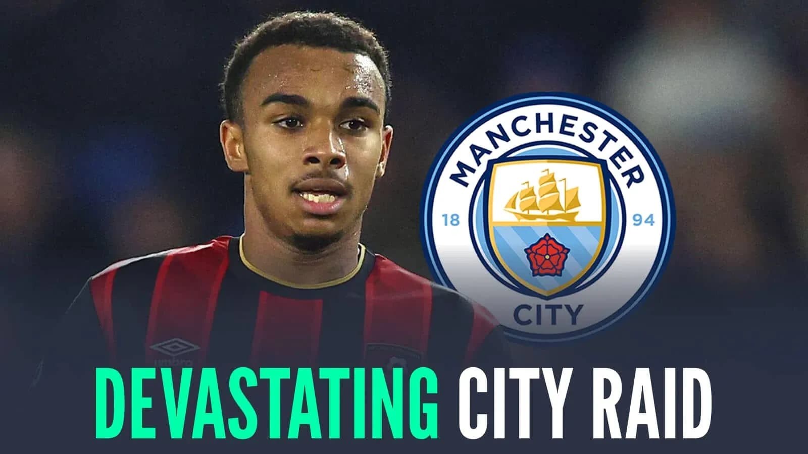Jugador con camiseta negra y roja junto a logo de Manchester City Jugador con camiseta negra y roja junto a logo de Manchester City