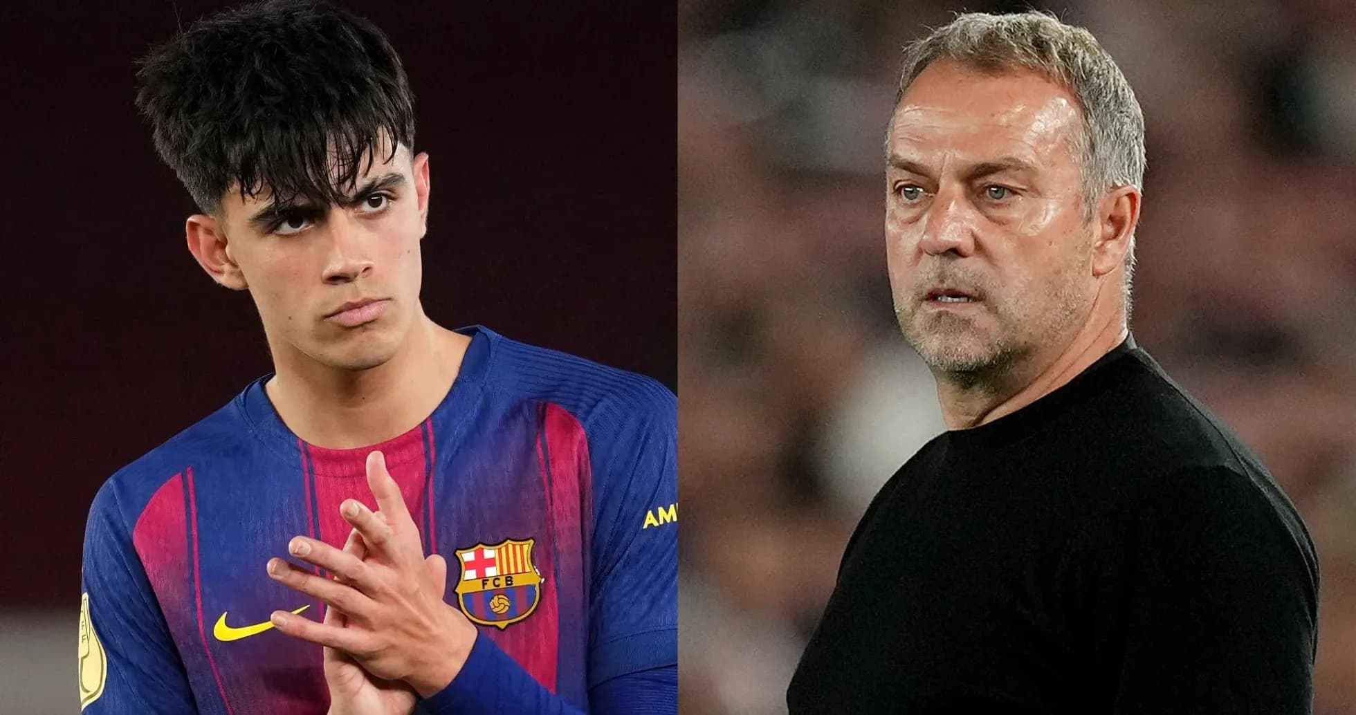 Jugador del FC Barcelona y entrenador en el campo Jugador del FC Barcelona y entrenador en el campo