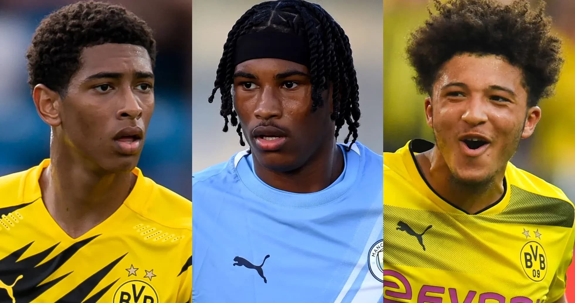 Tres futbolistas en diferentes camisetas de clubes Tres futbolistas en diferentes camisetas de clubes
