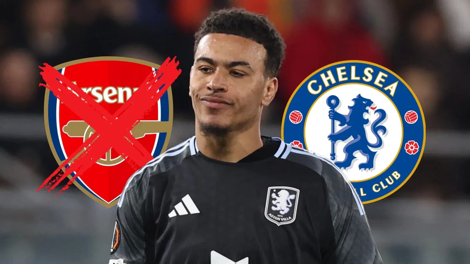 Portero de Aston Villa entre logotipos de Arsenal y Chelsea Portero de Aston Villa entre logotipos de Arsenal y Chelsea