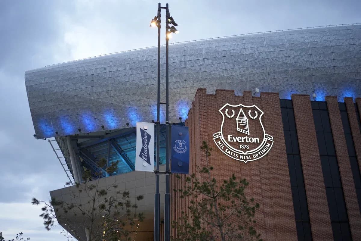 Exterior of Everton stadium with club logo displayed Exterior of Everton stadium with club logo displayed