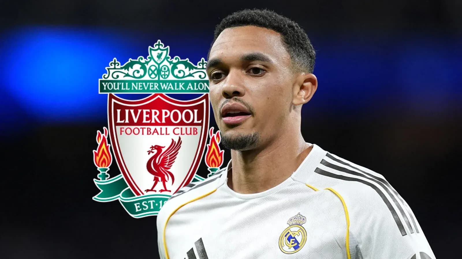 Jugador con camiseta de Real Madrid y logo de Liverpool Jugador con camiseta de Real Madrid y logo de Liverpool