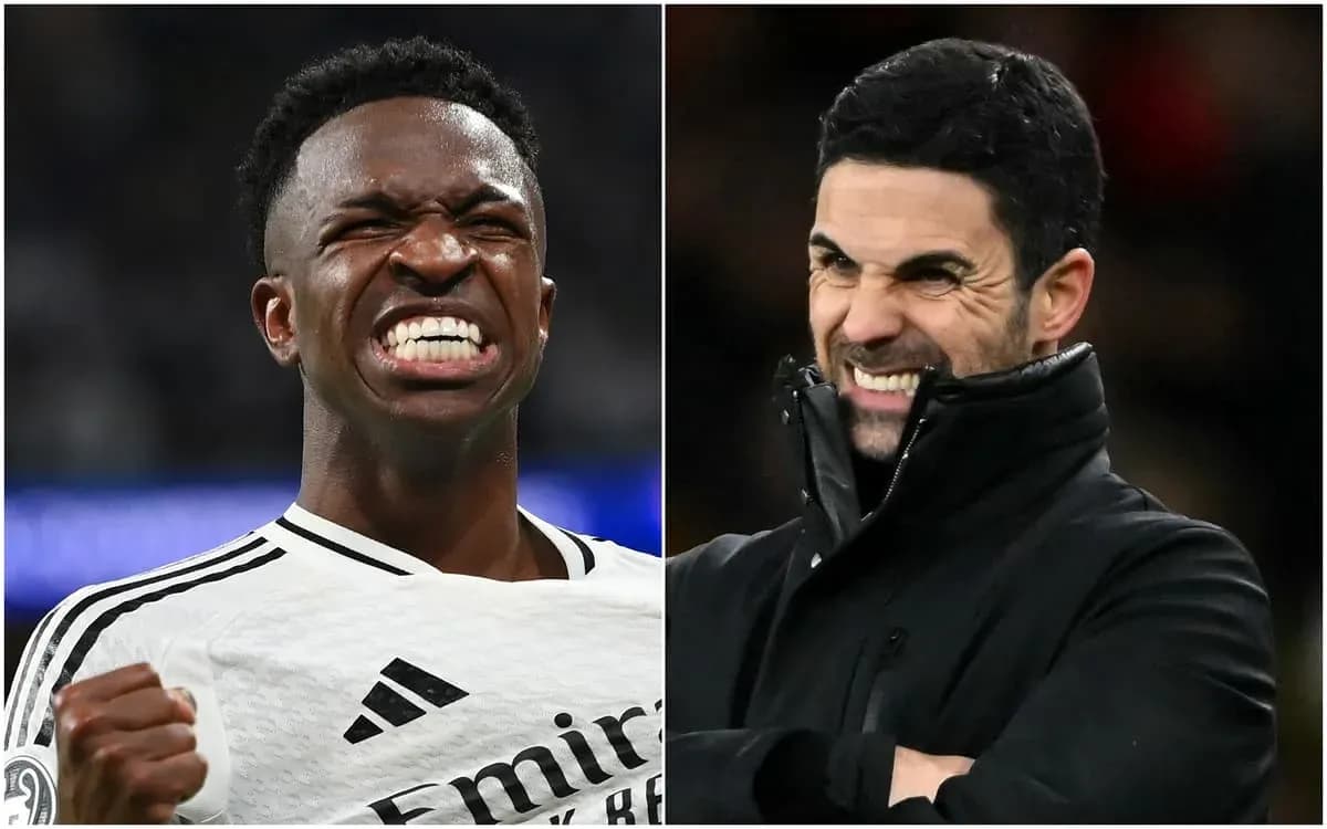 Vinícius Jr. celebrando y Mikel Arteta sonriendo Vinícius Jr. celebrando y Mikel Arteta sonriendo