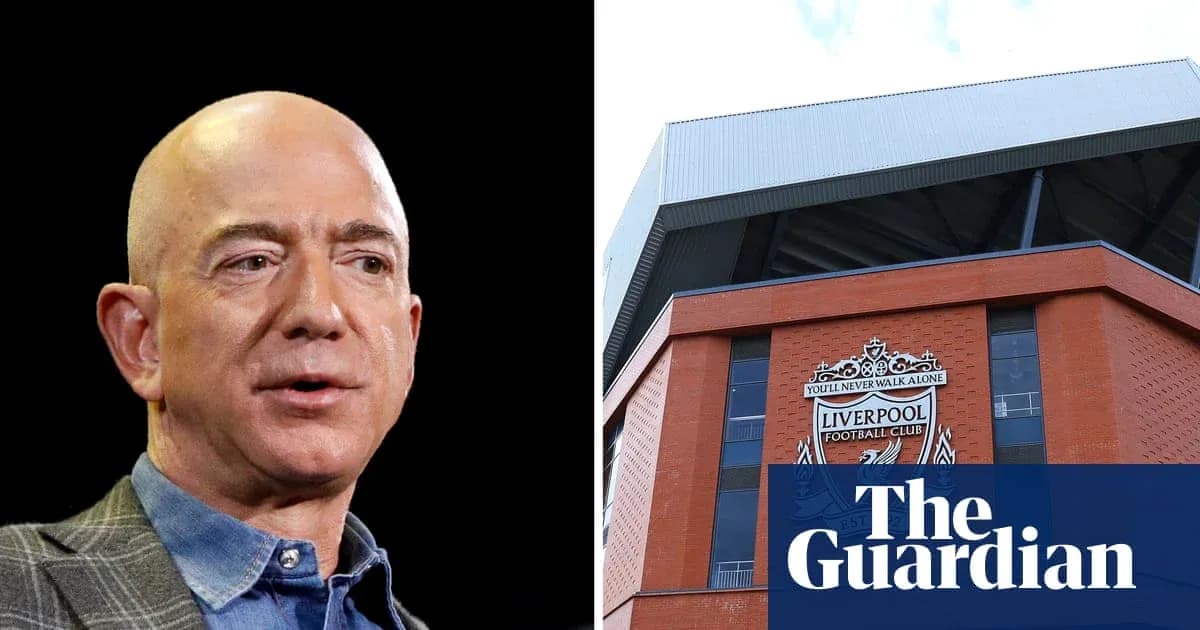 Jeff Bezos and Anfield stadium exterior with logo Jeff Bezos and Anfield stadium exterior with logo