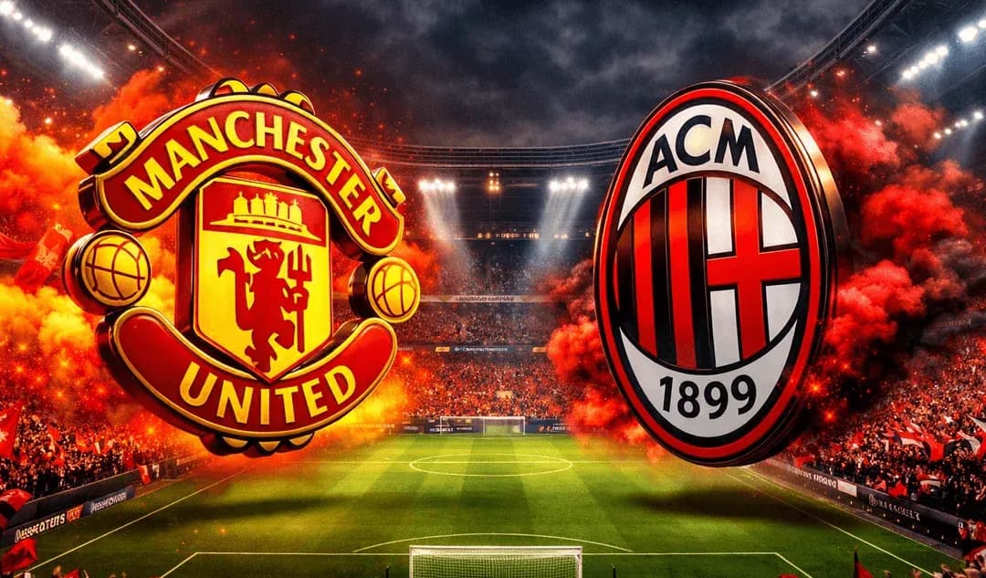 Logos de Manchester United y AC Milan en el estadio Logos de Manchester United y AC Milan en el estadio