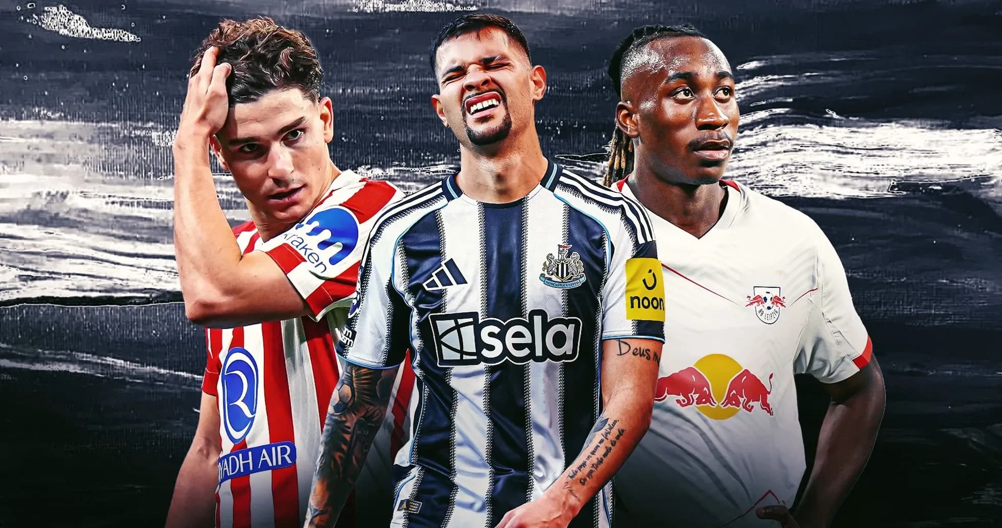 Tres jugadores de fútbol en sus camisetas de equipo Tres jugadores de fútbol en sus camisetas de equipo