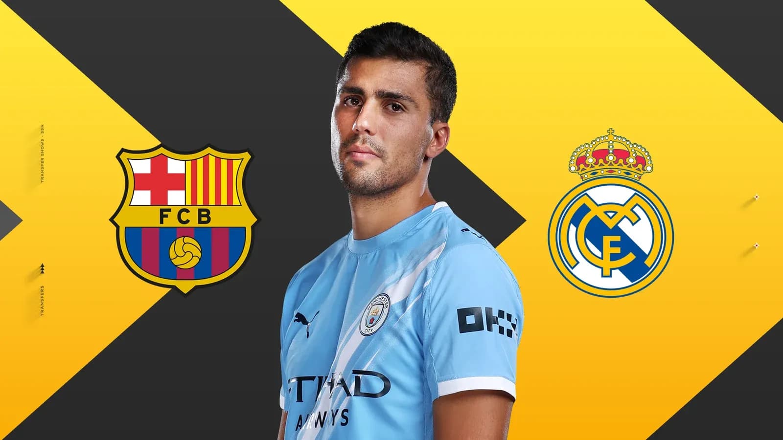 Jugador de Manchester City con logos de Barcelona y Real Madrid Jugador de Manchester City con logos de Barcelona y Real Madrid