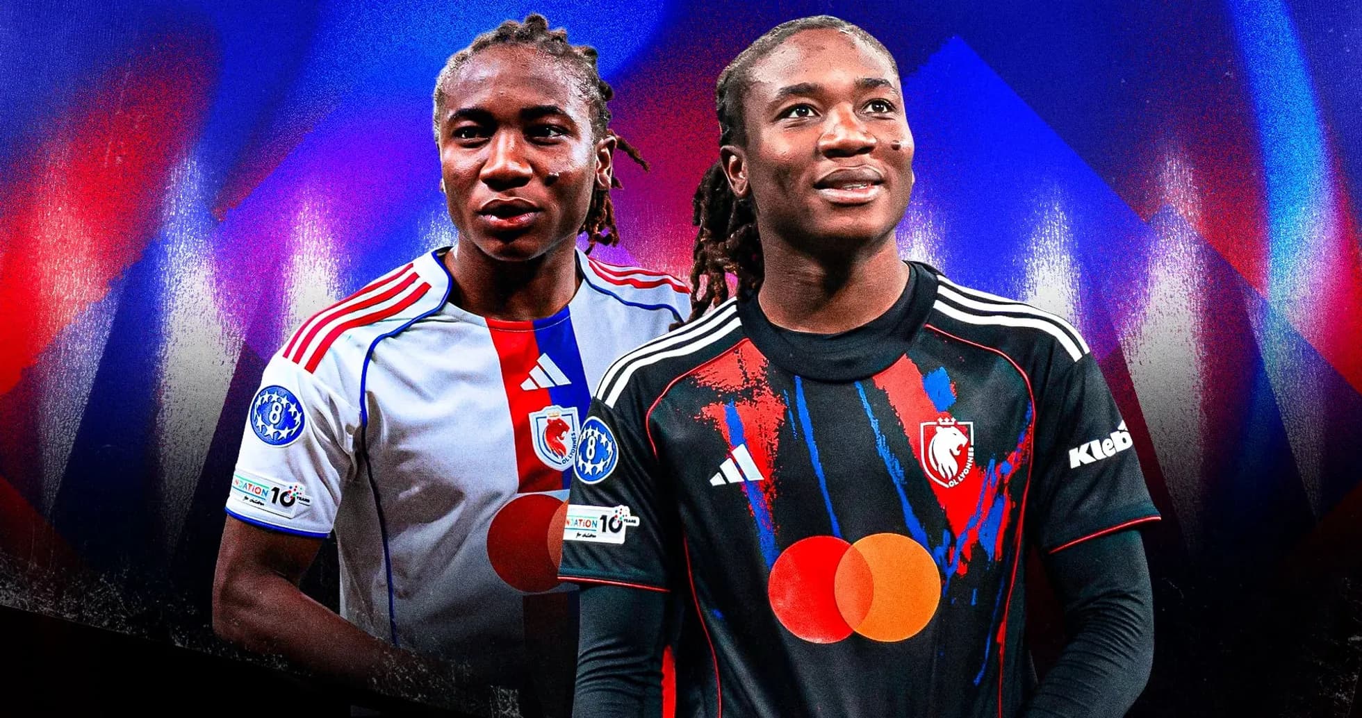Dos jugadores en camisetas de fútbol, fondo colorido Dos jugadores en camisetas de fútbol, fondo colorido