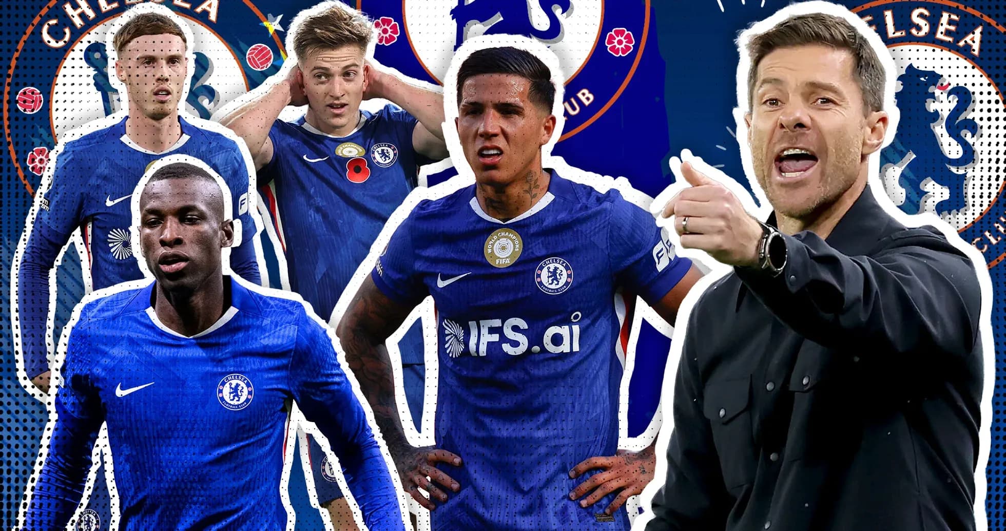 Jugadores de Chelsea y entrenador en fondo gráfico Jugadores de Chelsea y entrenador en fondo gráfico